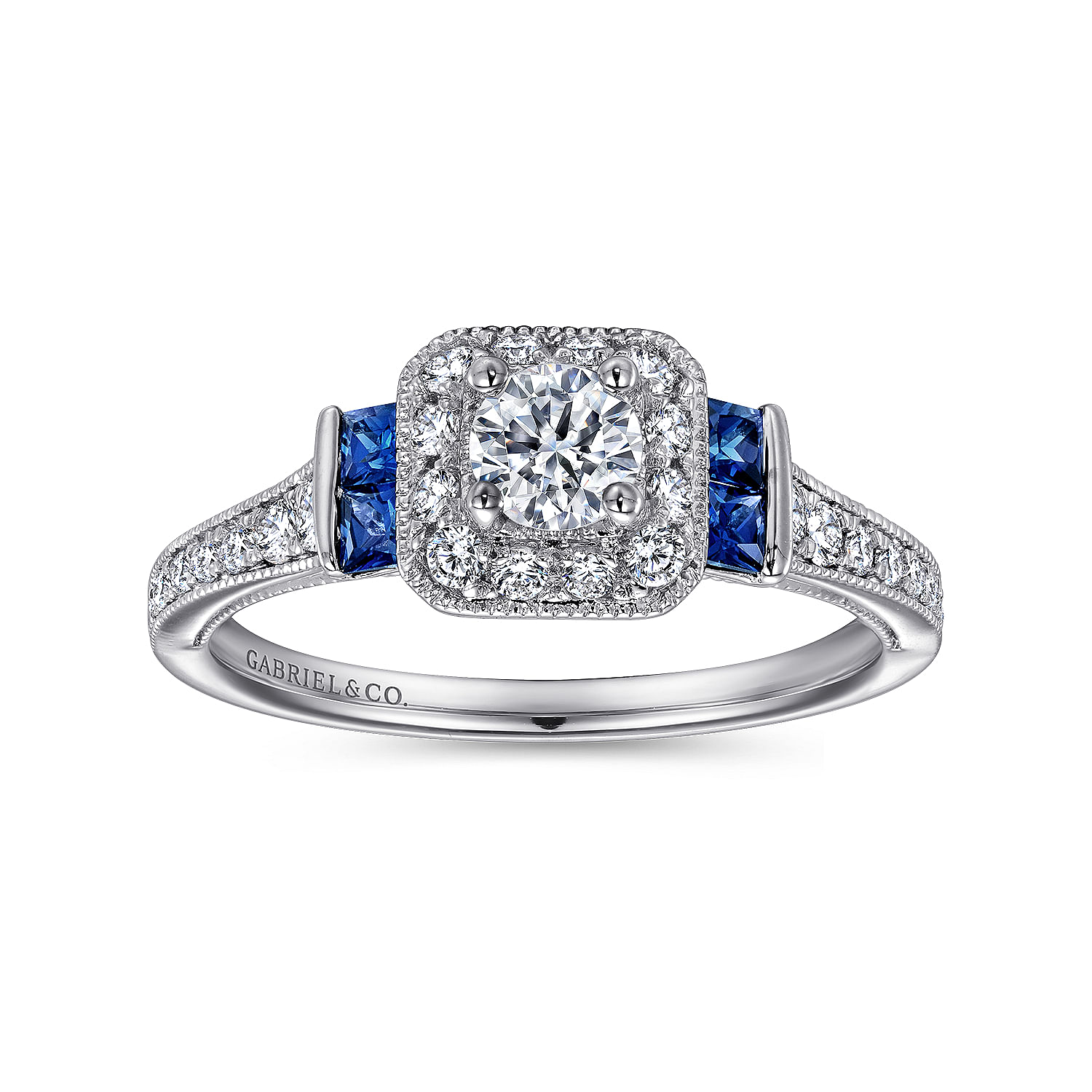 Vintage Inspired 14K White Gold Round Halo Sapphire and Diamond Complete Channel Set Engagement Ring