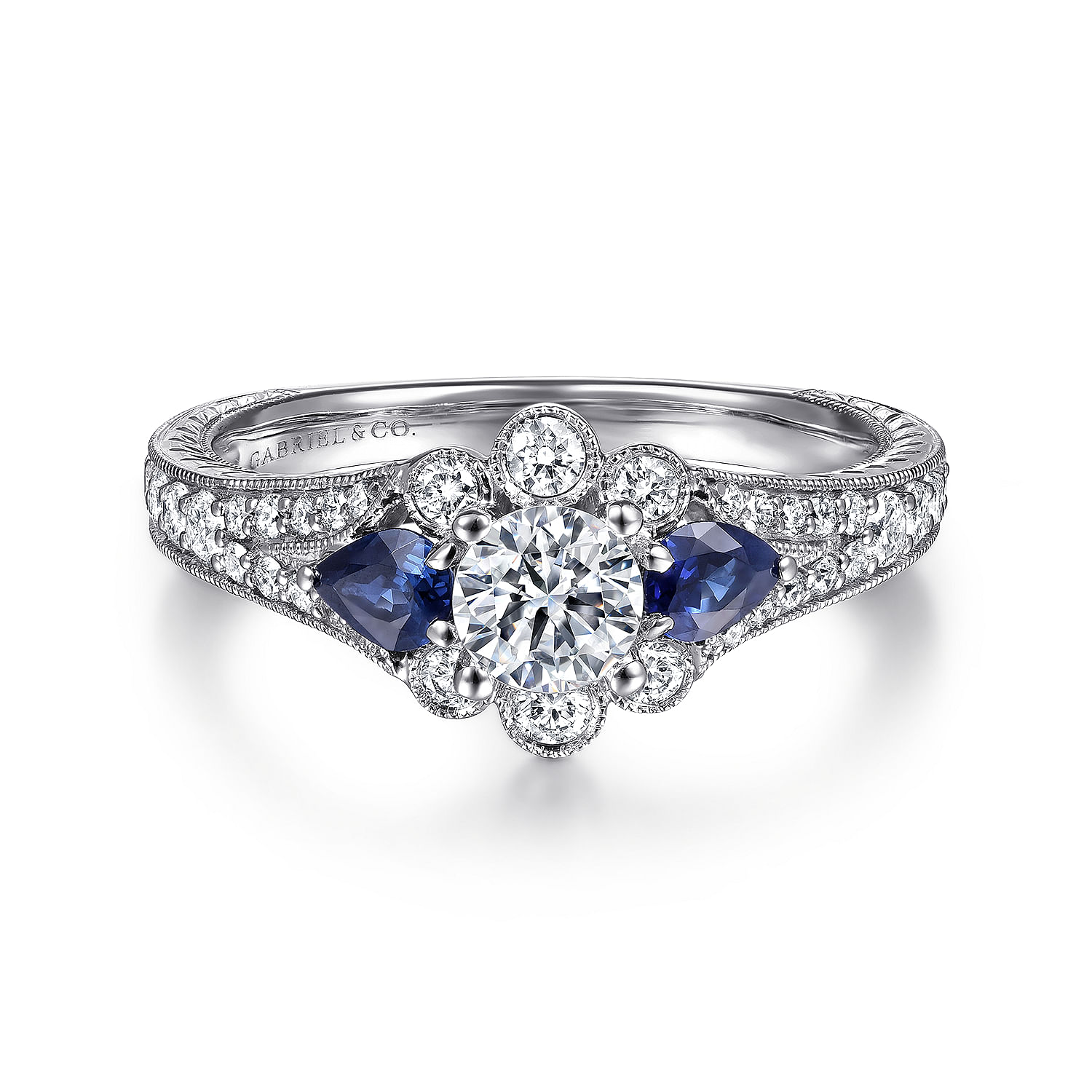 Gabriel - Vintage Inspired 14K White Gold Round Halo Sapphire and Diamond Engagement Ring