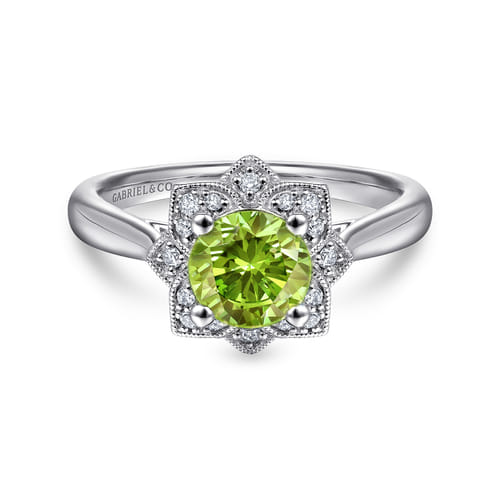 Vintage Inspired 14K White Gold Round Peridot and Floral Diamond Halo Promise Ring