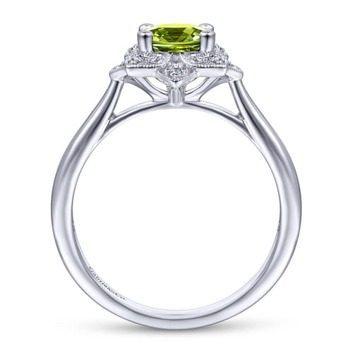 Vintage Inspired 14K White Gold Round Peridot and Floral Diamond Halo Promise Ring