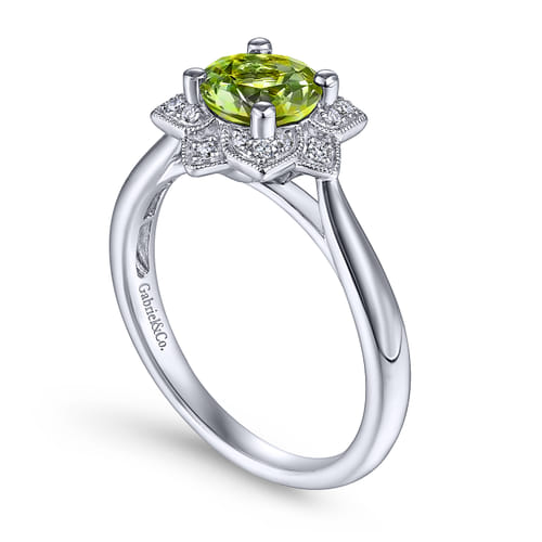 Vintage Inspired 14K White Gold Round Peridot and Floral Diamond Halo Promise Ring