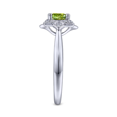 Vintage Inspired 14K White Gold Round Peridot and Floral Diamond Halo Promise Ring