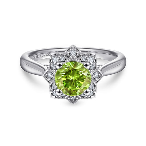 Vintage Inspired 14K White Gold Round Peridot and Floral Diamond Halo Ring