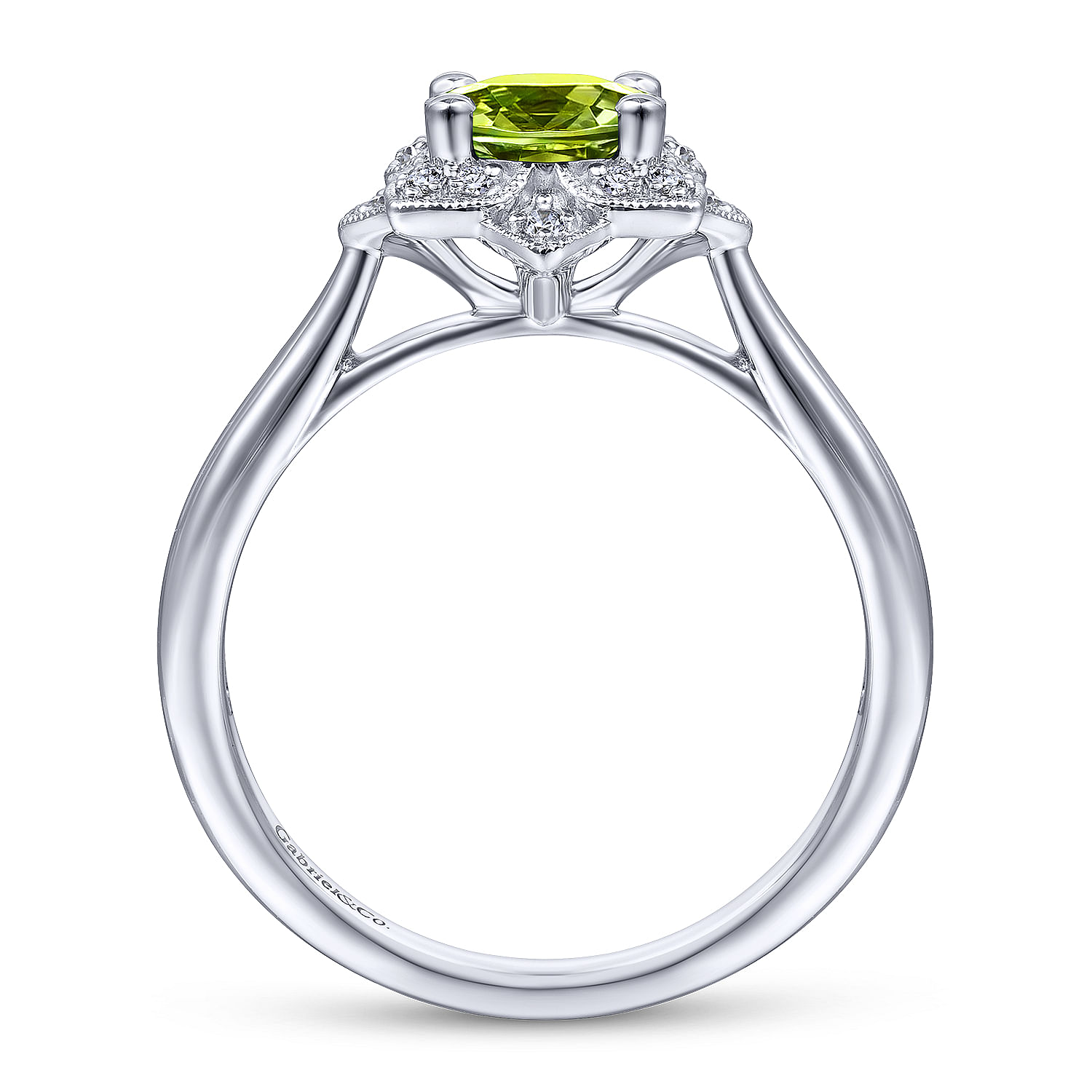 Vintage Inspired 14K White Gold Round Peridot and Floral Diamond Halo Ring