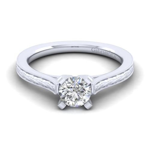 Vintage Inspired 14K White Gold Round Solitaire Engagement Ring
