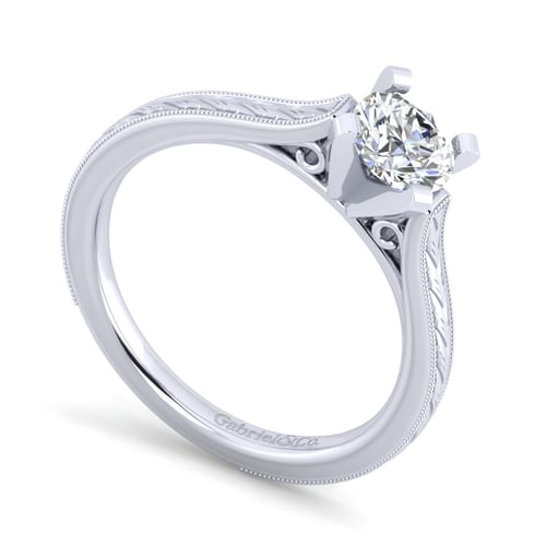 Vintage Inspired 14K White Gold Round Solitaire Engagement Ring