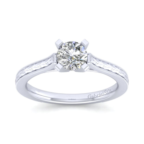 Vintage Inspired 14K White Gold Round Solitaire Engagement Ring