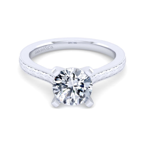 Vintage Inspired 14K White Gold Round Solitaire Engagement Ring