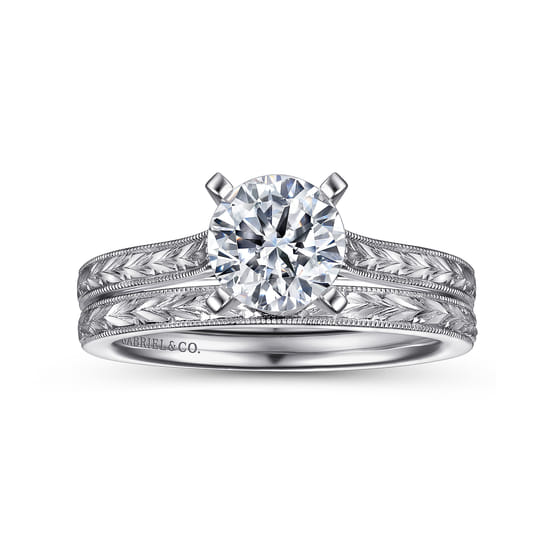 Vintage Inspired 14K White Gold Round Solitaire Engagement Ring angle 4