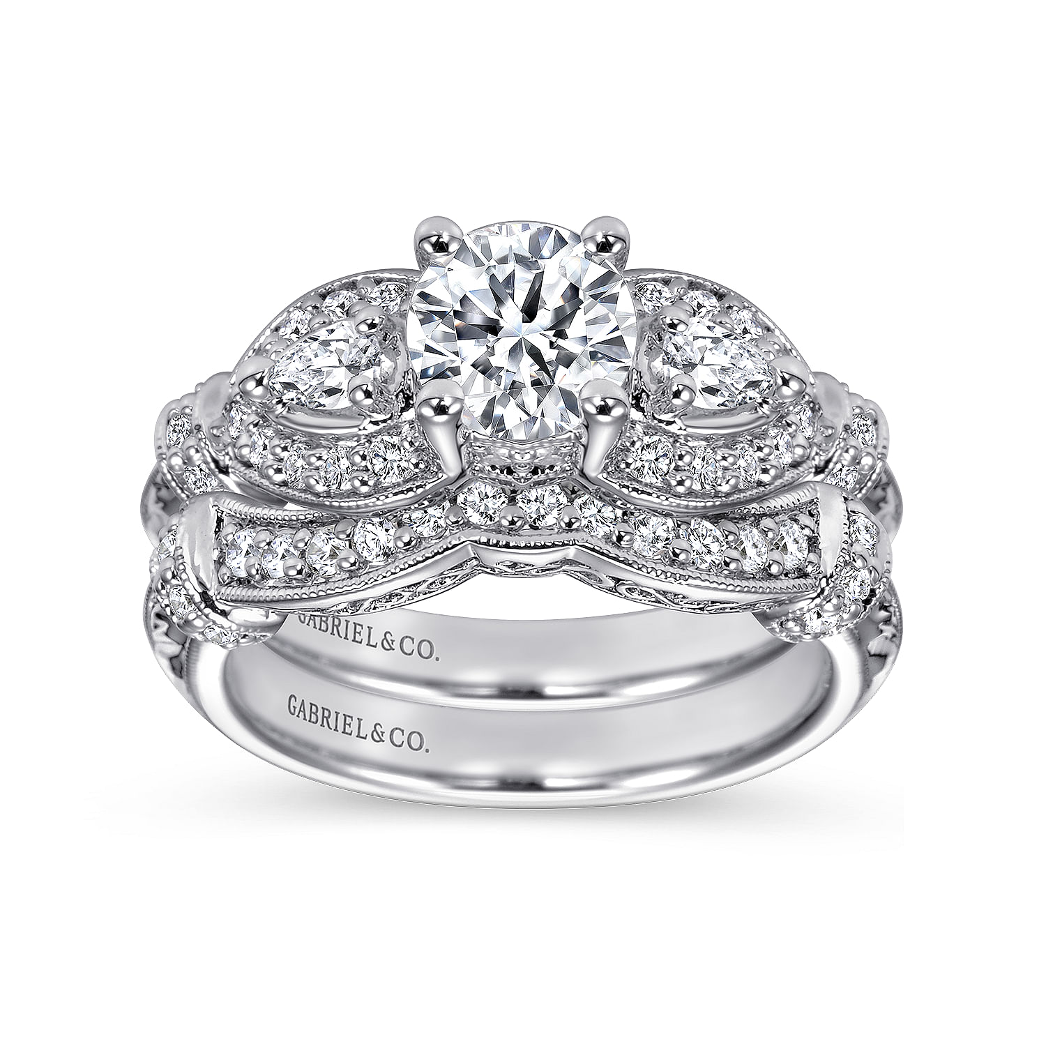Vintage Inspired 14K White Gold Round Three Stone Diamond Engagement Ring