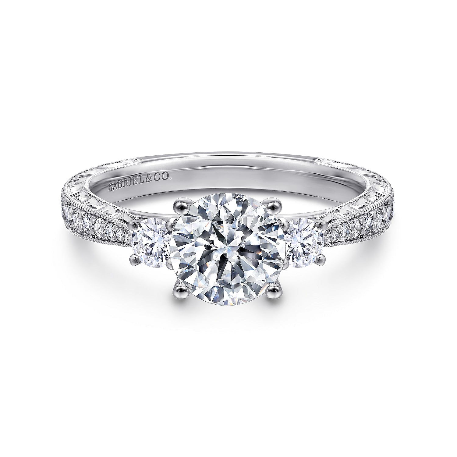 Gabriel - Vintage Inspired 14K White Gold Round Three Stone Diamond Engagement Ring