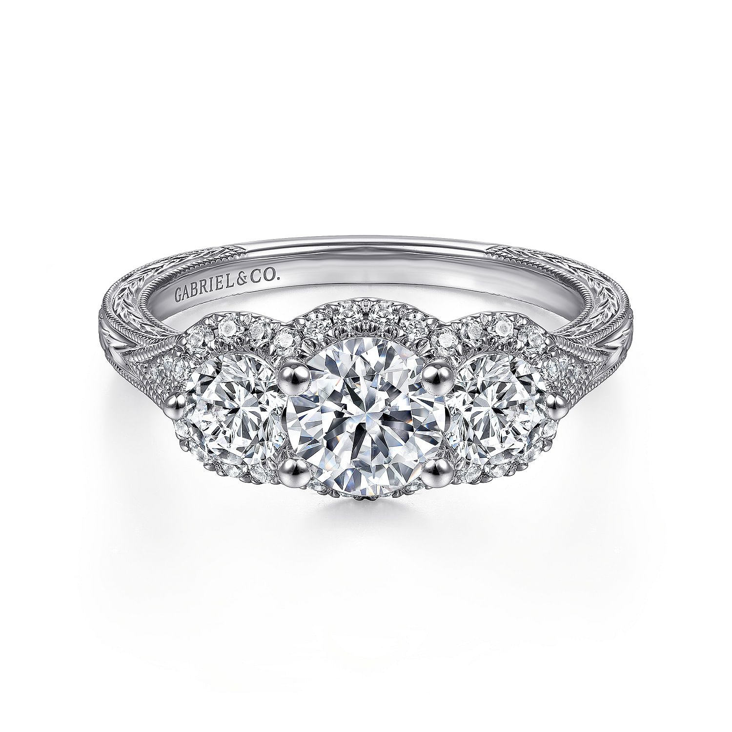 Gabriel - Vintage Inspired 14K White Gold Round Three Stone Halo Diamond Channel Set Engagement Ring