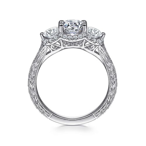 Vintage Inspired 14K White Gold Round Three Stone Halo Diamond Channel Set Engagement Ring