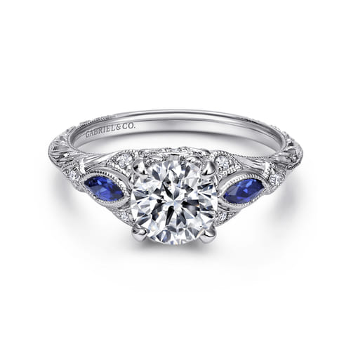 Vintage Inspired 14K White Gold Round Three Stone Sapphire and Diamond Engagement Ring