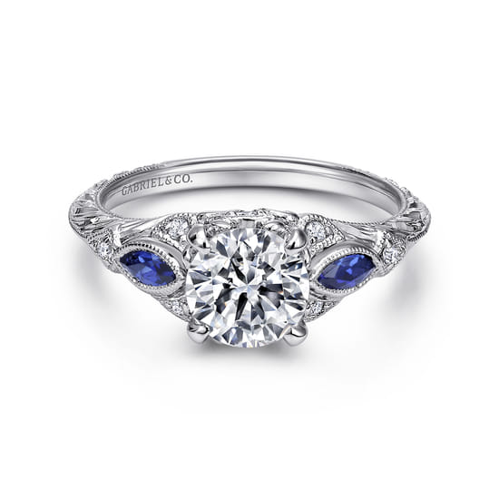 Vintage Inspired 14K White Gold Round Three Stone Sapphire and Diamond Engagement Ring
