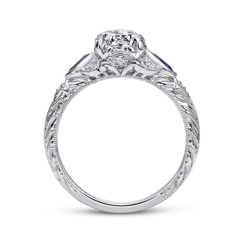 Vintage Inspired 14K White Gold Round Three Stone Sapphire and Diamond Engagement Ring