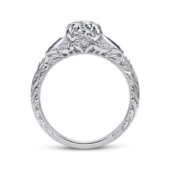 Vintage Inspired 14K White Gold Round Three Stone Sapphire and Diamond Engagement Ring angle 2