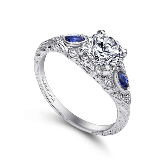 Vintage Inspired 14K White Gold Round Three Stone Sapphire and Diamond Engagement Ring angle 3