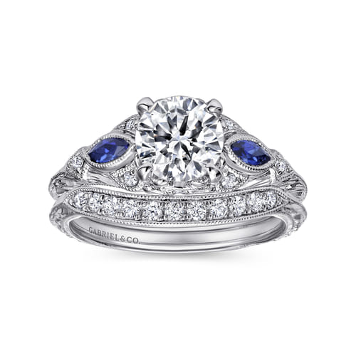 Vintage Inspired 14K White Gold Round Three Stone Sapphire and Diamond Engagement Ring