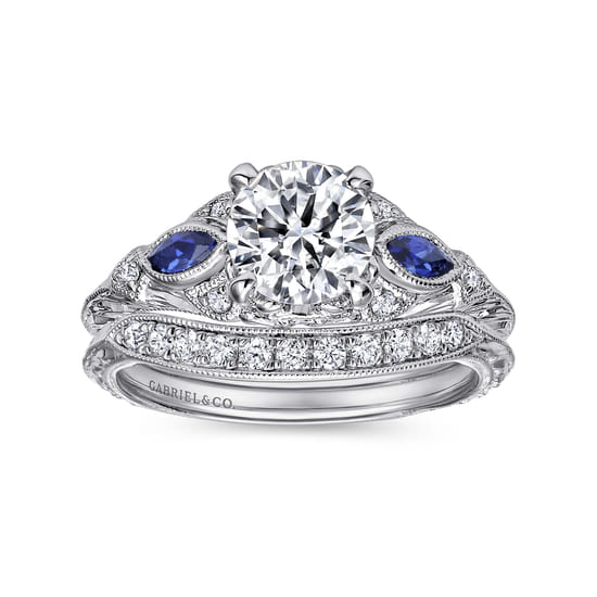Vintage Inspired 14K White Gold Round Three Stone Sapphire and Diamond Engagement Ring angle 4