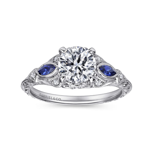 Vintage Inspired 14K White Gold Round Three Stone Sapphire and Diamond Engagement Ring