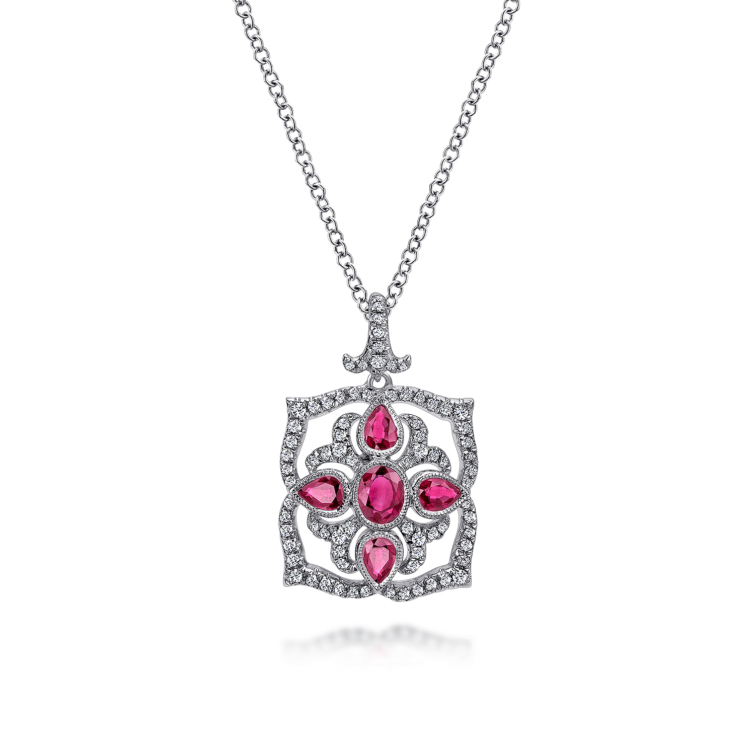 Vintage Inspired 14K White Gold Ruby and Diamond Pendant Necklace