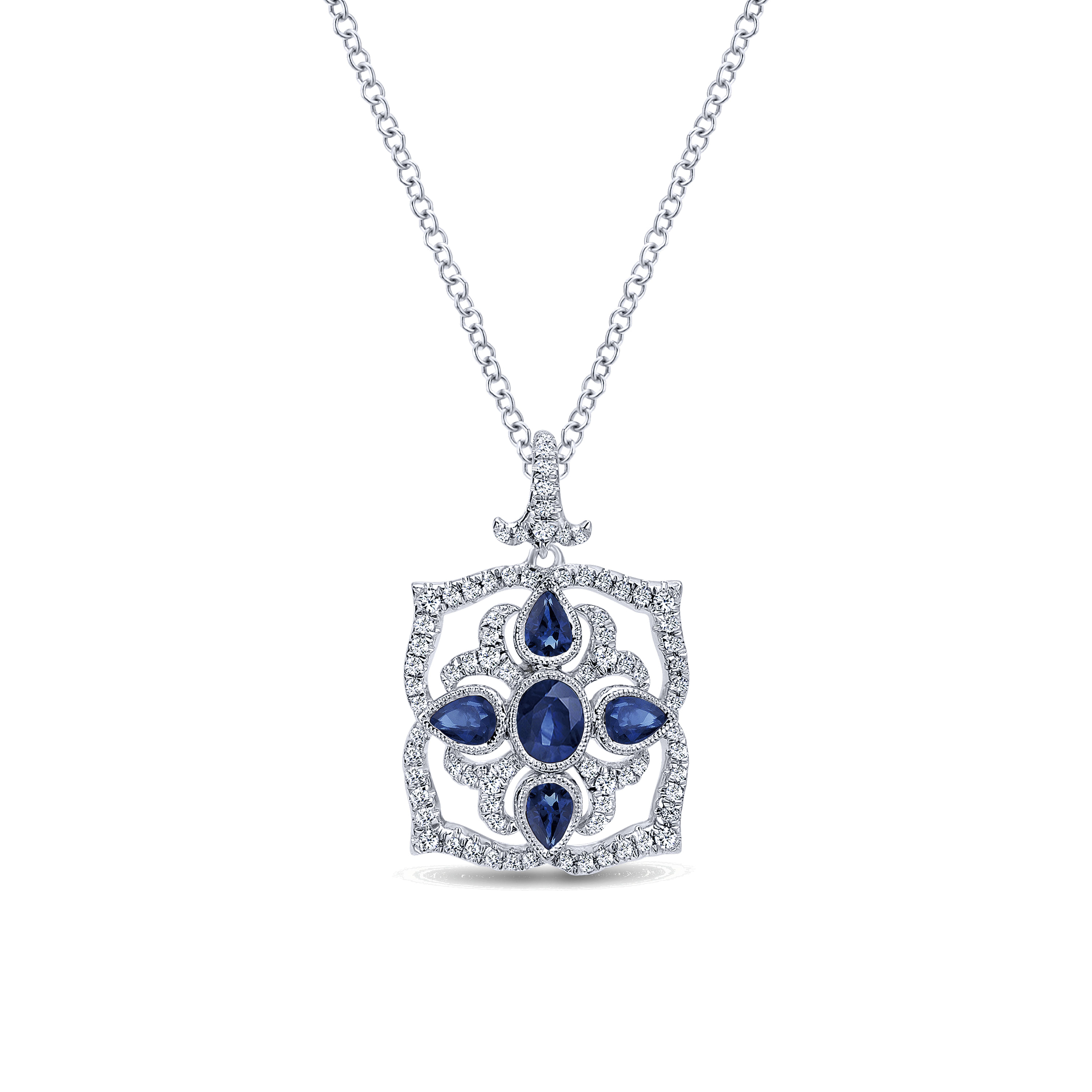 Gabriel - Vintage Inspired 14K White Gold Sapphire and Diamond Pendant Necklace
