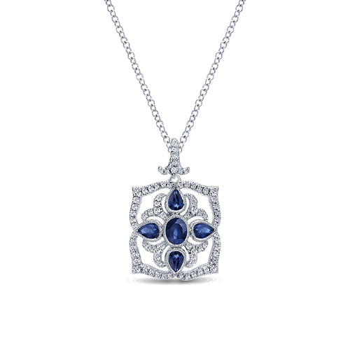 Vintage Inspired 14K White Gold Sapphire and Diamond Pendant Necklace