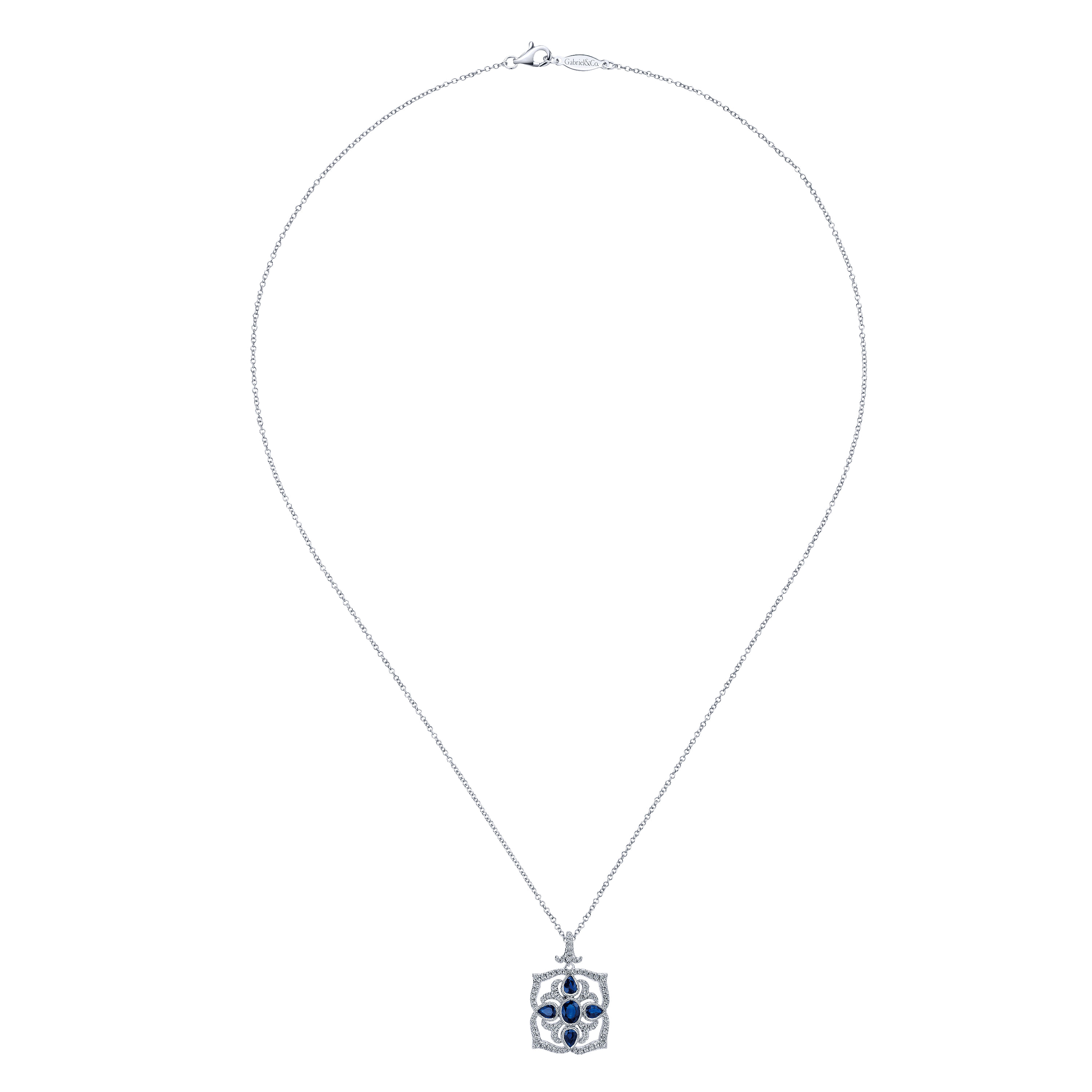 Vintage Inspired 14K White Gold Sapphire and Diamond Pendant Necklace