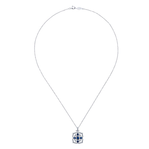 Vintage Inspired 14K White Gold Sapphire and Diamond Pendant Necklace