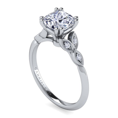 Vintage Inspired 14K White Gold Split Shank Cushion Cut Diamond Engagement Ring