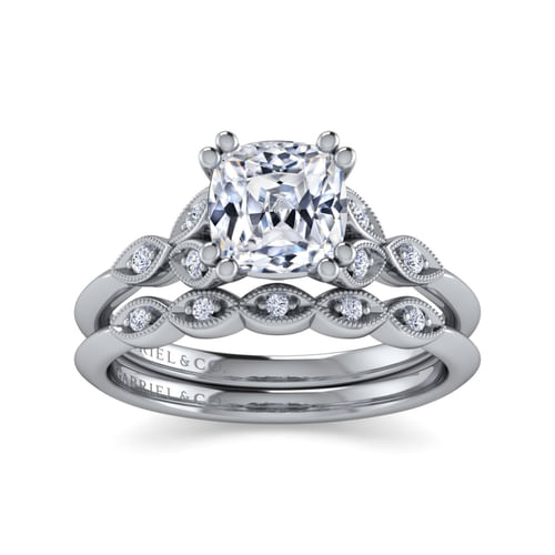 Vintage Inspired 14K White Gold Split Shank Cushion Cut Diamond Engagement Ring