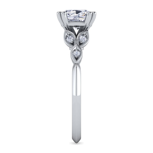 Vintage Inspired 14K White Gold Split Shank Cushion Cut Diamond Engagement Ring