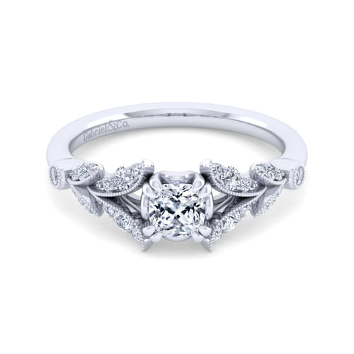 Vintage Inspired 14K White Gold Split Shank Cushion Cut Diamond Engagement Ring