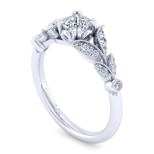 Vintage Inspired 14K White Gold Split Shank Cushion Cut Diamond Engagement Ring