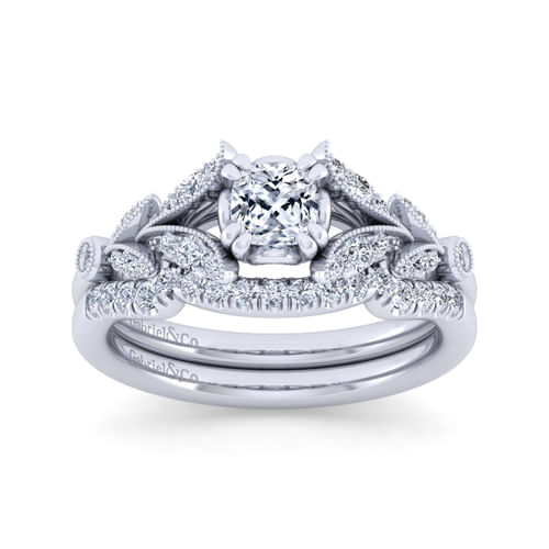 Vintage Inspired 14K White Gold Split Shank Cushion Cut Diamond Engagement Ring