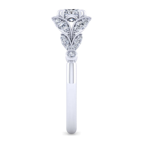 Vintage Inspired 14K White Gold Split Shank Cushion Cut Diamond Engagement Ring