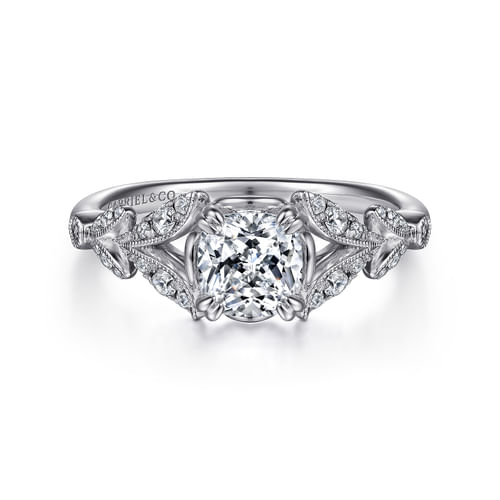 Vintage Inspired 14K White Gold Split Shank Cushion Cut Diamond Engagement Ring