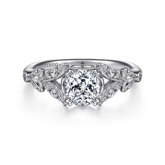Gabriel - Vintage Inspired 14K White Gold Split Shank Cushion Cut Diamond Engagement Ring