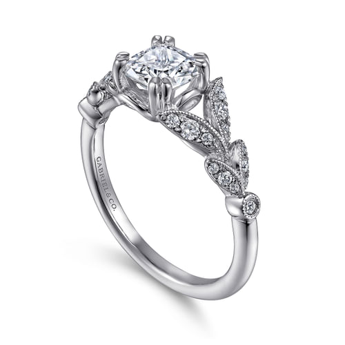 Vintage Inspired 14K White Gold Split Shank Cushion Cut Diamond Engagement Ring