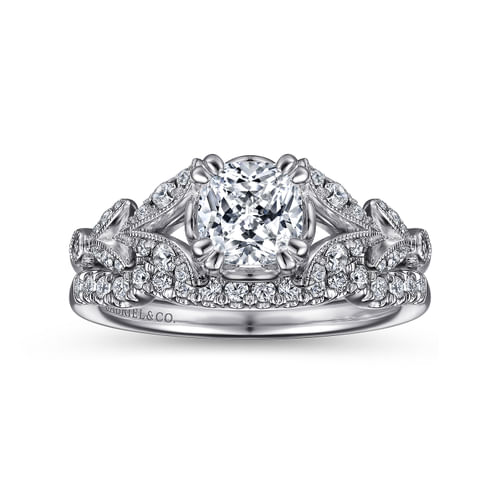 Vintage Inspired 14K White Gold Split Shank Cushion Cut Diamond Engagement Ring