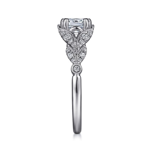 Vintage Inspired 14K White Gold Split Shank Cushion Cut Diamond Engagement Ring