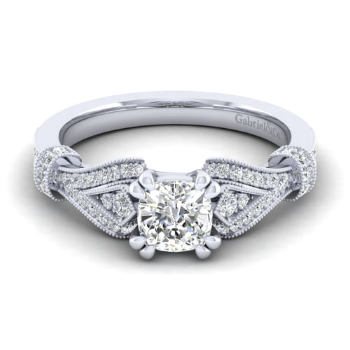 Vintage Inspired 14K White Gold Split Shank Cushion Cut Diamond Engagement Ring