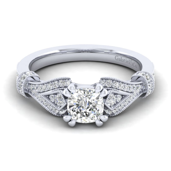 Gabriel - Vintage Inspired 14K White Gold Split Shank Cushion Cut Diamond Engagement Ring