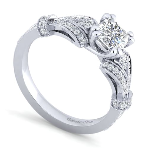 Vintage Inspired 14K White Gold Split Shank Cushion Cut Diamond Engagement Ring