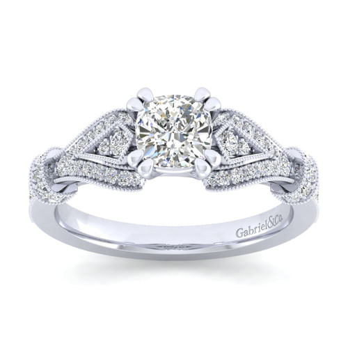 Vintage Inspired 14K White Gold Split Shank Cushion Cut Diamond Engagement Ring