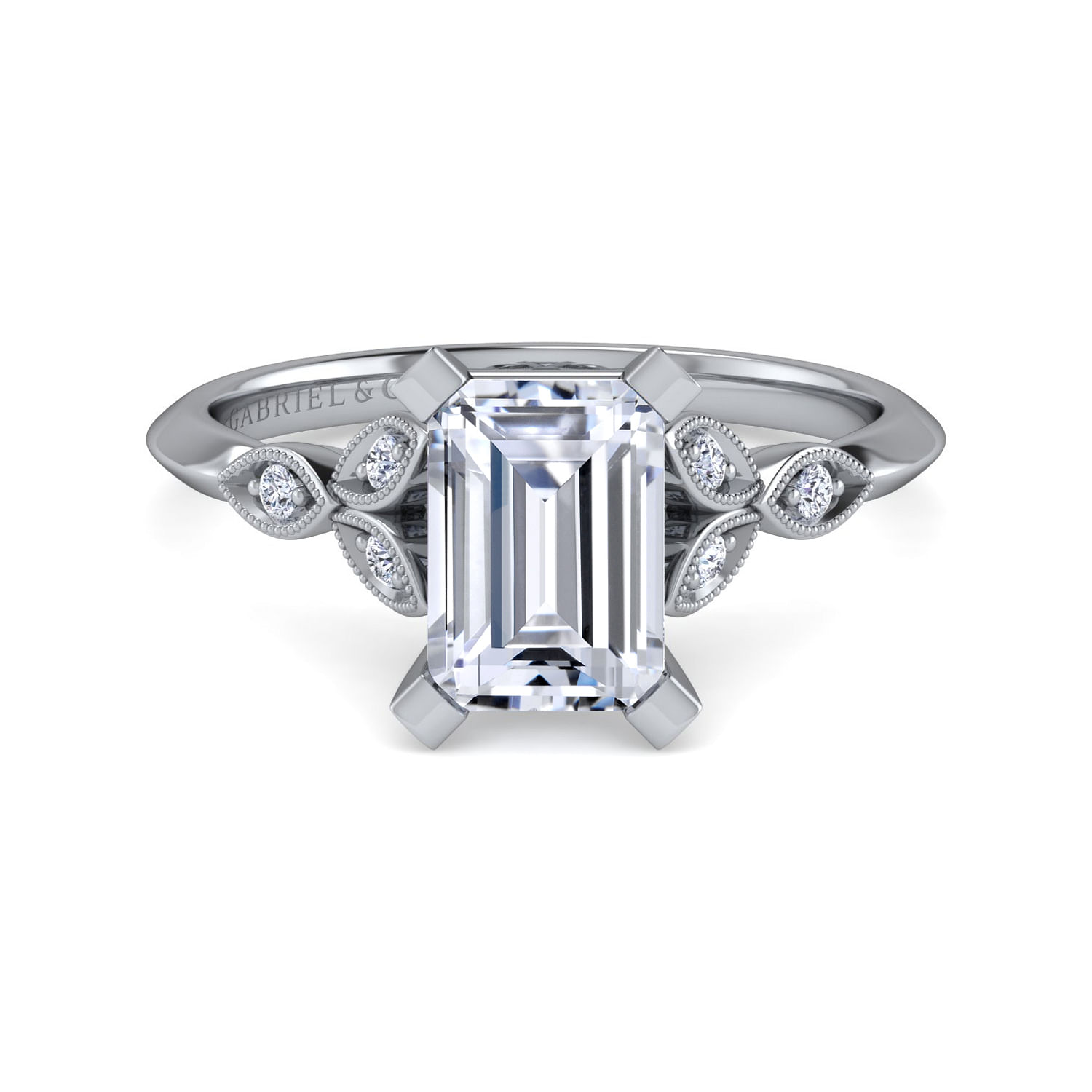 Gabriel - Vintage Inspired 14K White Gold Split Shank Emerald Cut Diamond Engagement Ring