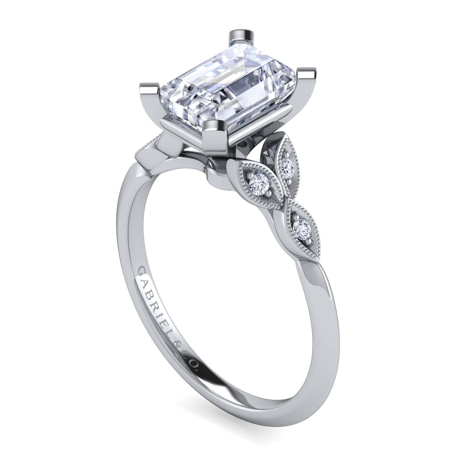 Vintage Inspired 14K White Gold Split Shank Emerald Cut Diamond Engagement Ring