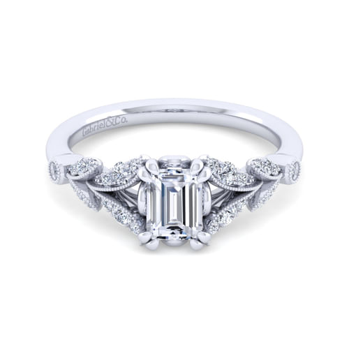 Vintage Inspired 14K White Gold Split Shank Emerald Cut Diamond Engagement Ring