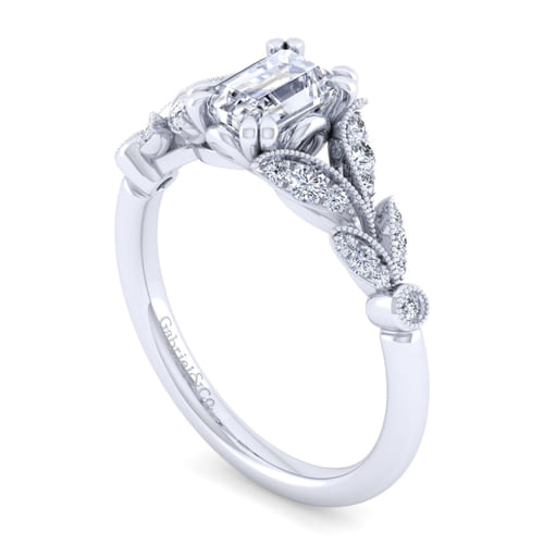 Vintage Inspired 14K White Gold Split Shank Emerald Cut Diamond Engagement Ring